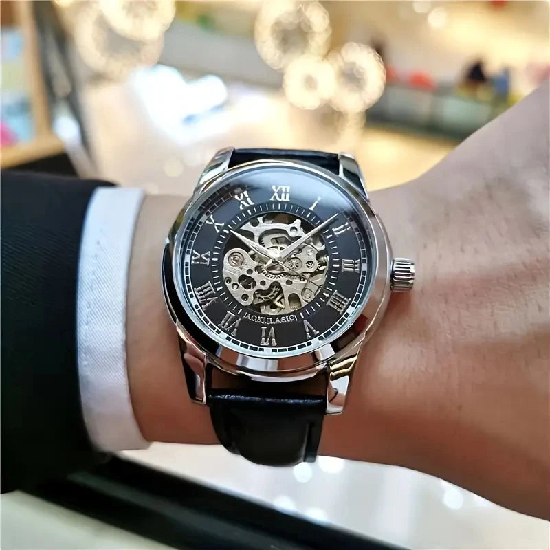 Orologio Meccanico Automatico Uomo Scheletro Elegante Moda Cinturino Pelle