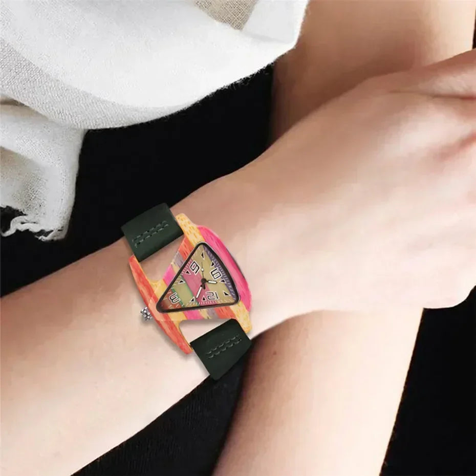 Orologio Donna Quarzo Creativo Quadrante Legno Triangolare Colorato