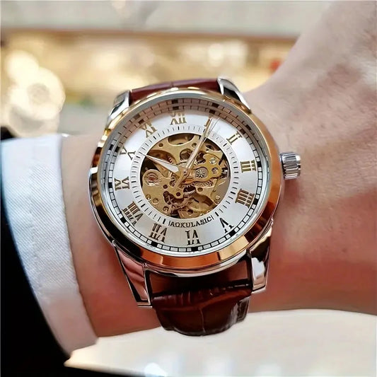 Orologio Meccanico Automatico Uomo Scheletro Elegante Moda Cinturino Pelle