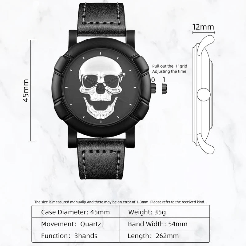 Orologio Uomo Moda al Quarzo con Teschio 3D Cinturino Similpelle Casual