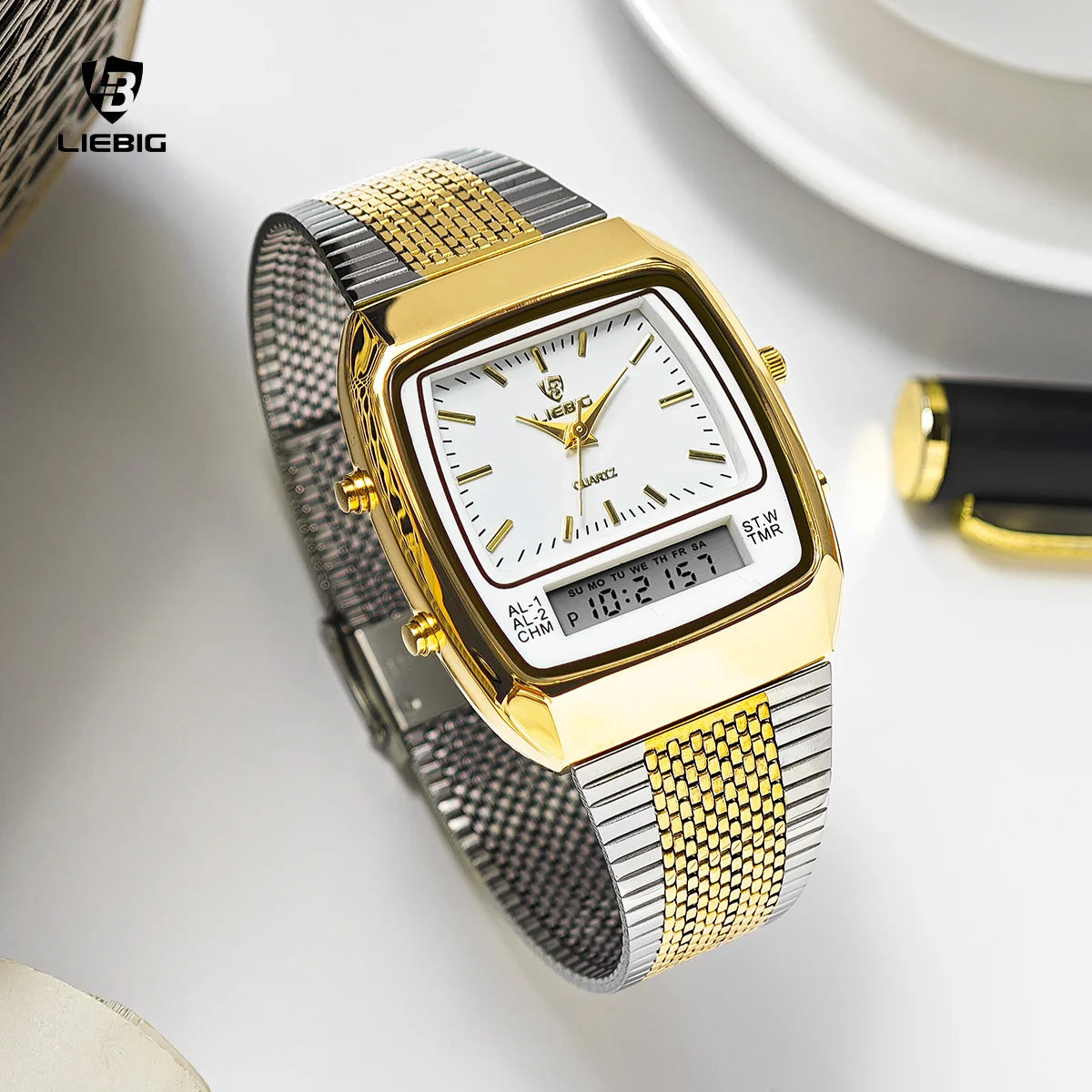 Orologio Uomo Digitale Doppio Display con Data Cinturino Acciaio Elegante