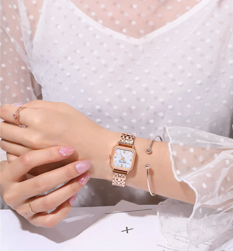 Orologio Donna Al Quarzo Elegante Quadrante Quadrato Bracciale In Lega Moda Casual