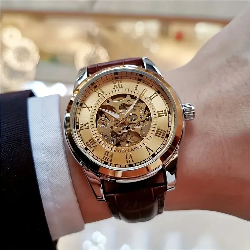 Orologio Meccanico Automatico Uomo Scheletro Elegante Moda Cinturino Pelle