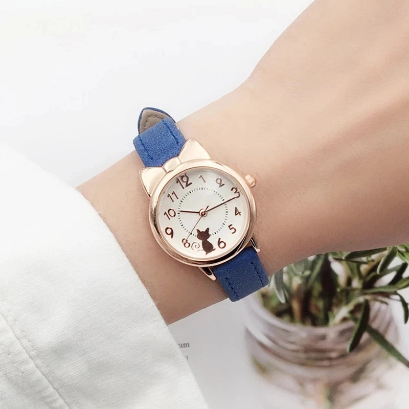 Orologio Bambini al Quarzo con Quadrante a Gatto e Cinturino in Similpelle