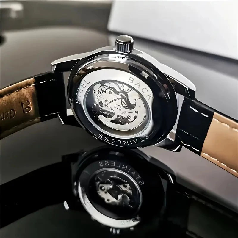 Orologio Meccanico Automatico Uomo Scheletro Elegante Moda Cinturino Pelle