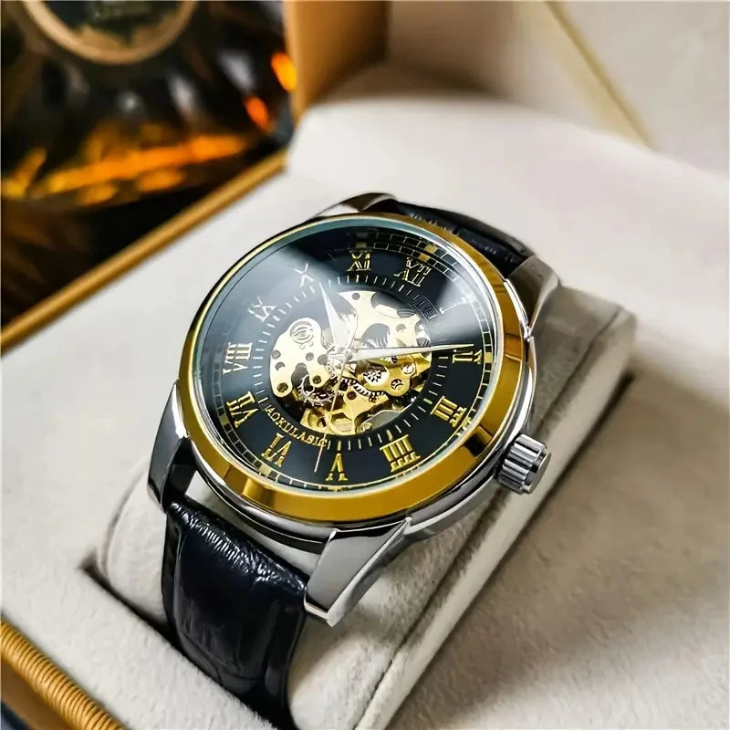 Orologio Meccanico Automatico Uomo Scheletro Elegante Moda Cinturino Pelle
