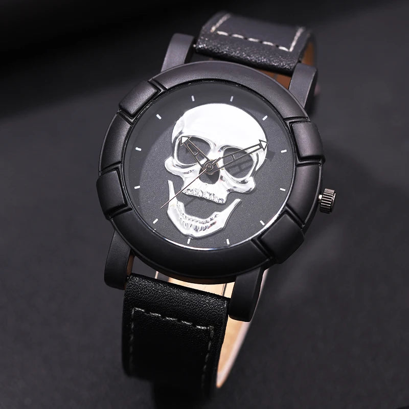 Orologio Uomo Moda al Quarzo con Teschio 3D Cinturino Similpelle Casual
