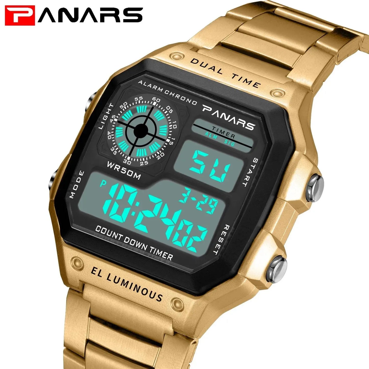 Orologio Uomo Digitale Sportivo Acciaio LED Quadrante 44 mm