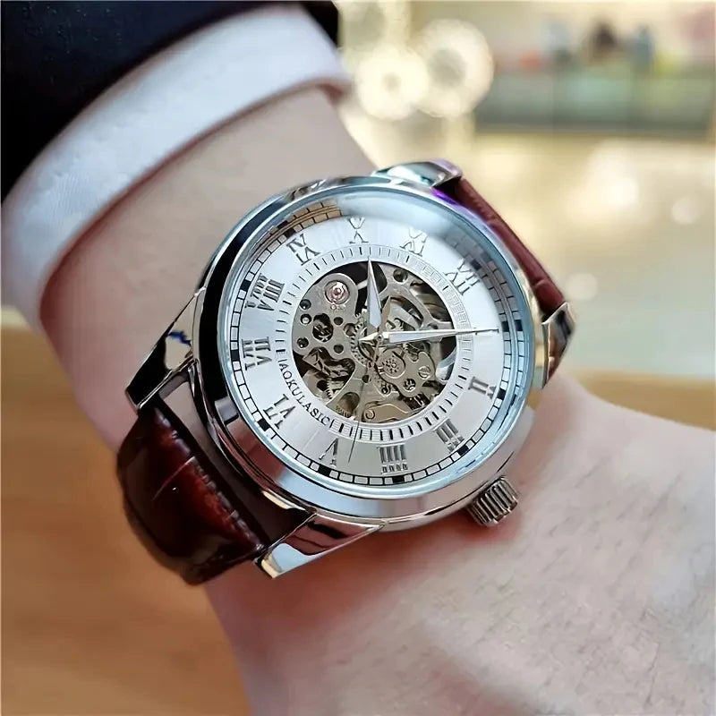 Orologio Meccanico Automatico Uomo Scheletro Elegante Moda Cinturino Pelle