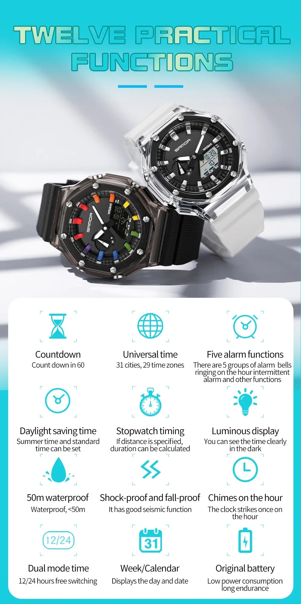 Orologio Digitale Uomo LED Antiurto Quarzo Sportivo Gomma Rinforzata Quadrante 46 mm