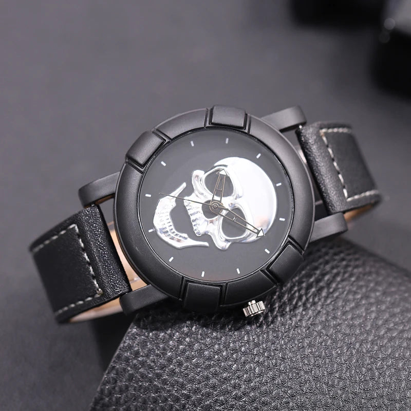 Orologio Uomo Moda al Quarzo con Teschio 3D Cinturino Similpelle Casual