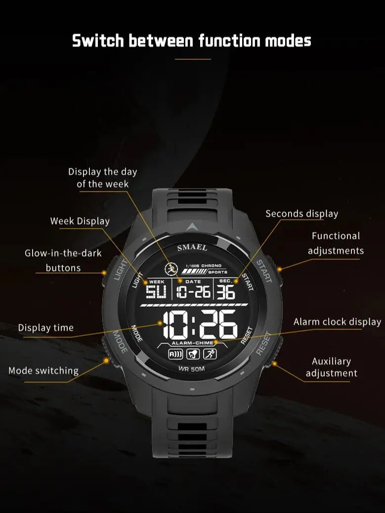 Orologio Digitale Uomo – LED, Sveglia, Cronometro, Impermeabile 5ATM In Gomma Rinforzata