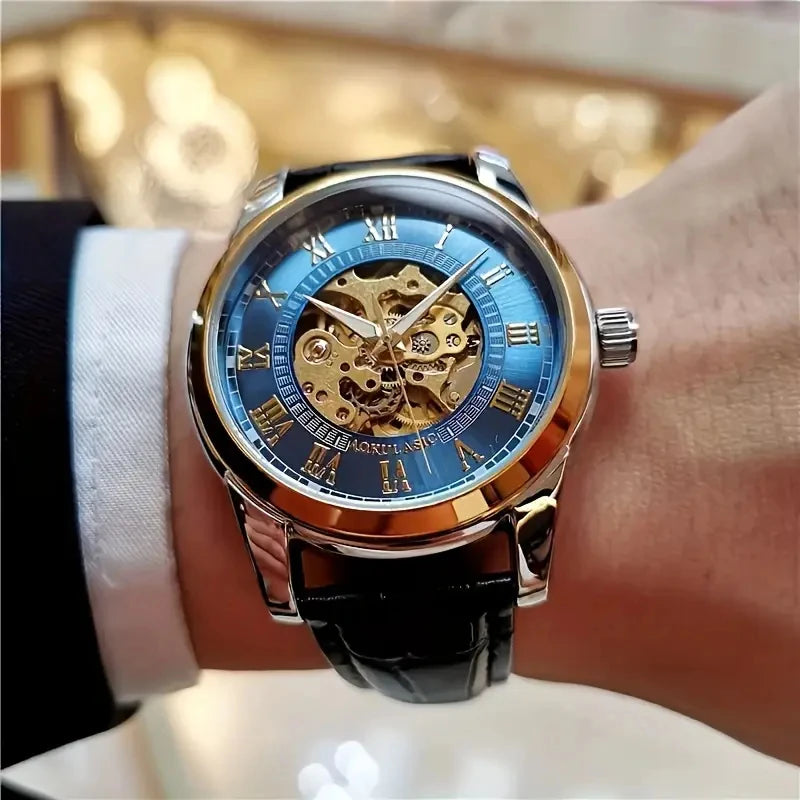Orologio Meccanico Automatico Uomo Scheletro Elegante Moda Cinturino Pelle
