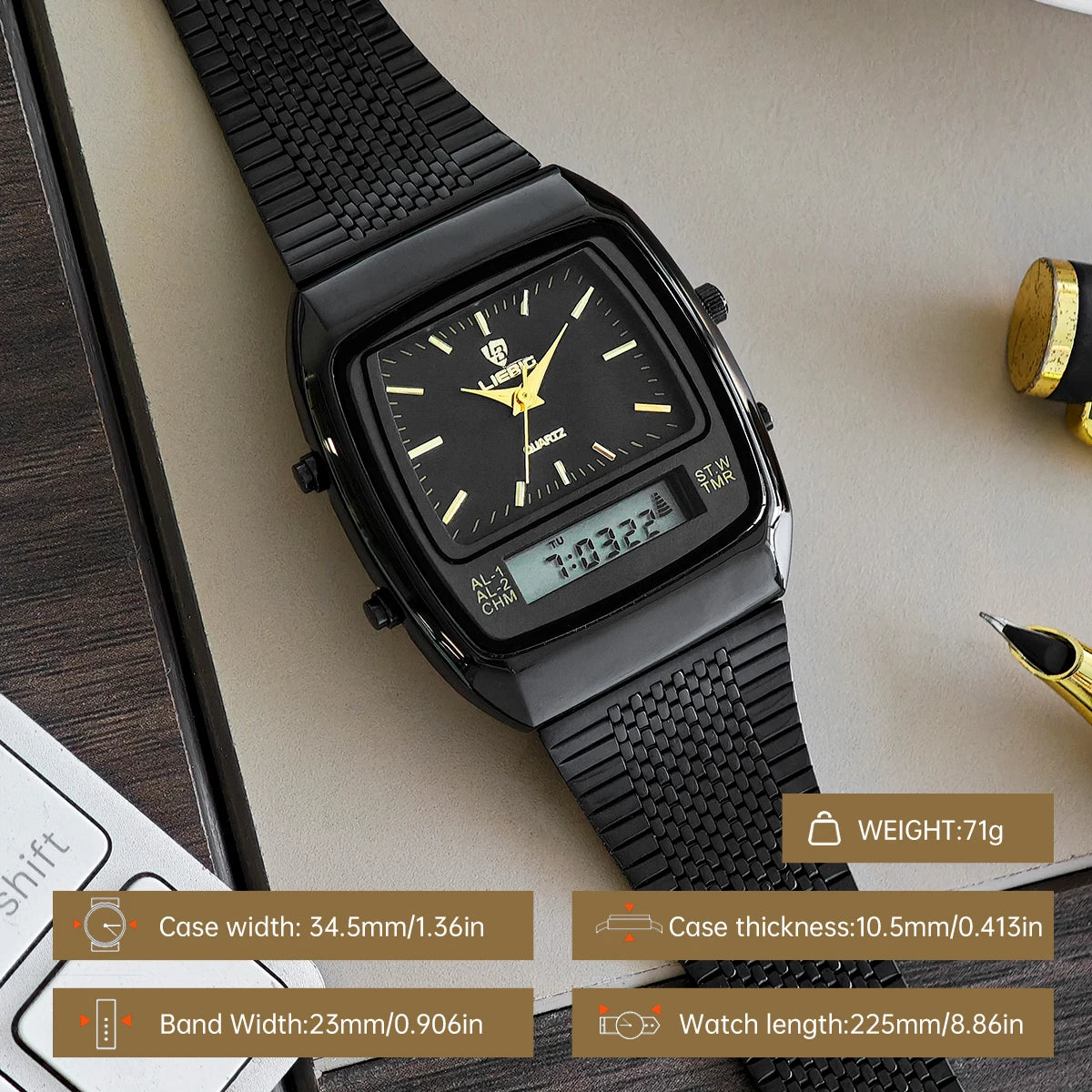 Orologio Uomo Digitale  Doppio Display con Data Cinturino Acciaio Elegante