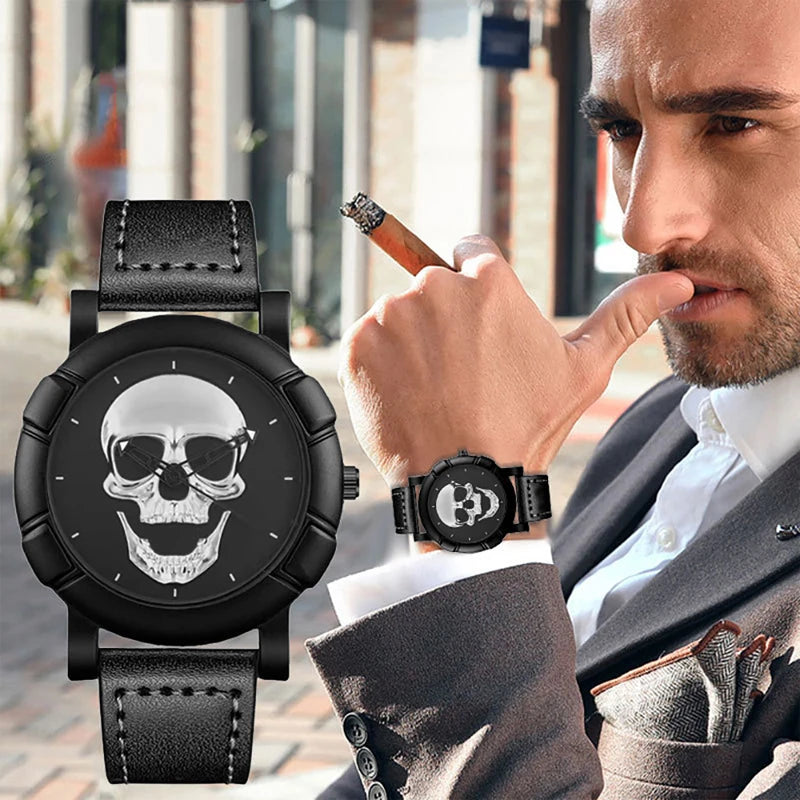Orologio Uomo Moda al Quarzo con Teschio 3D Cinturino Similpelle Casual