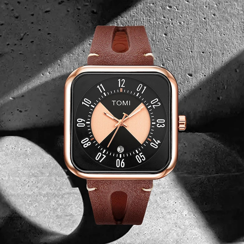 Orologio Unisex  – Quadrato Moda Casual Cinturino Similpelle Quarzo Quadrante 41 mm
