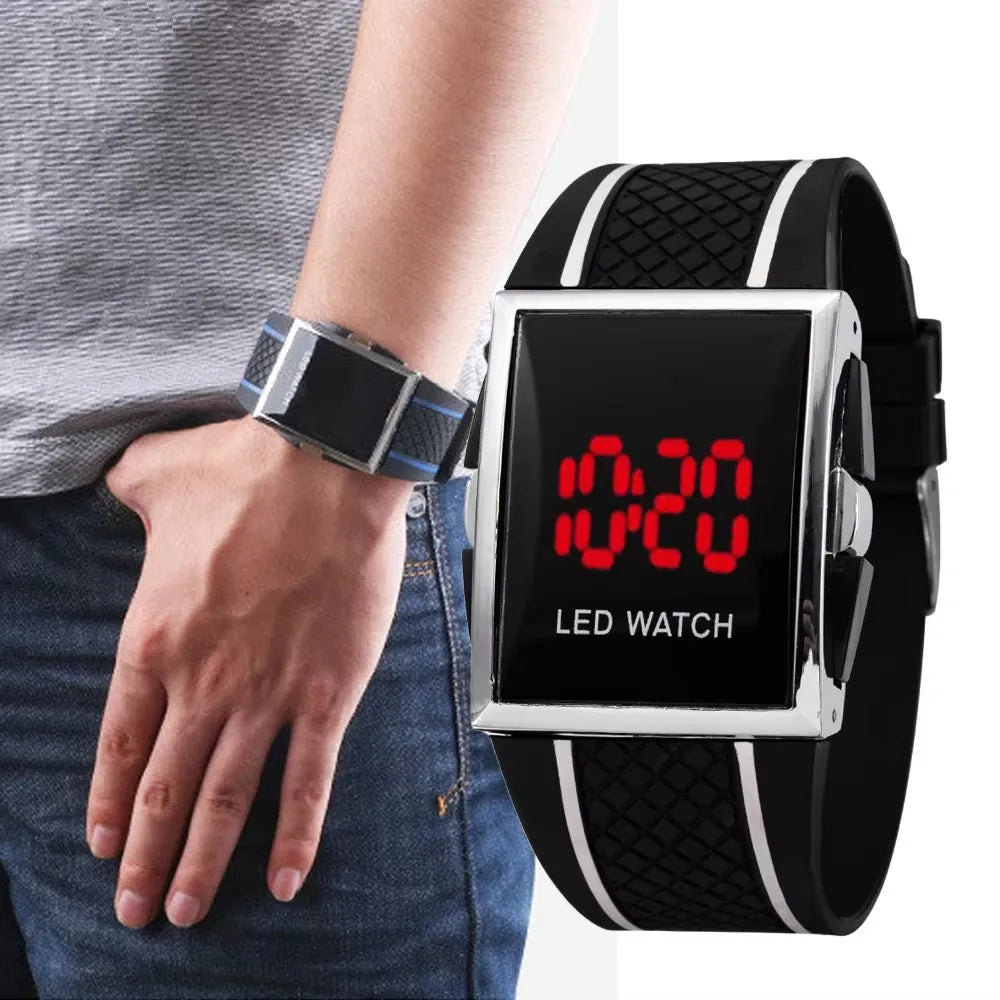 Orologio Uomo LED Digitale Display A Luce Rossa Cinturino In Silicone Moda Casual