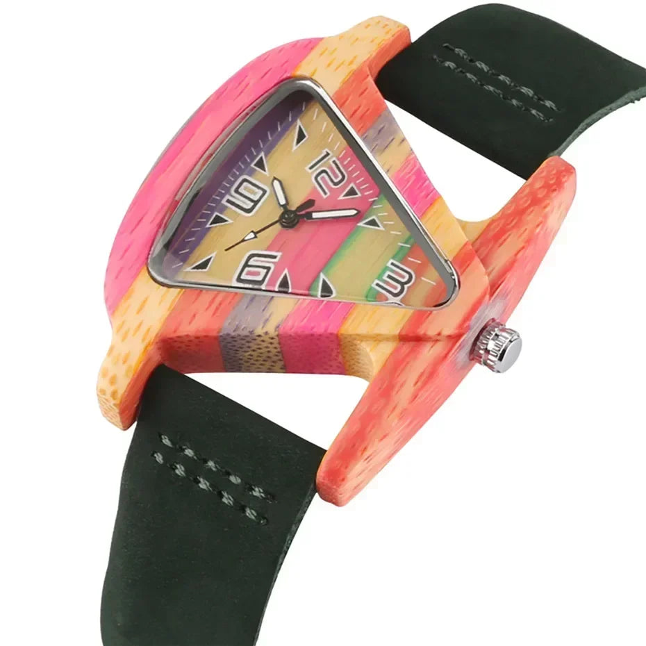 Orologio Donna Quarzo Creativo Quadrante Legno Triangolare Colorato