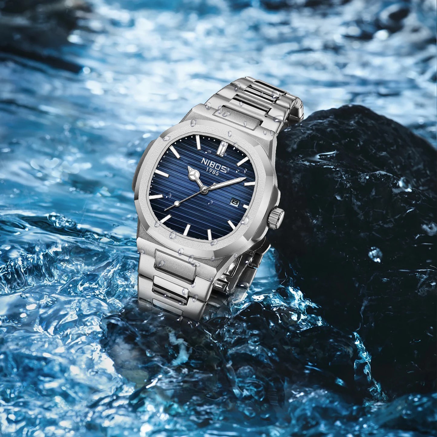 Orologio Uomo Quarzo Acciaio Quadrante Quadrato 42mm Data Resistente all’Acqua