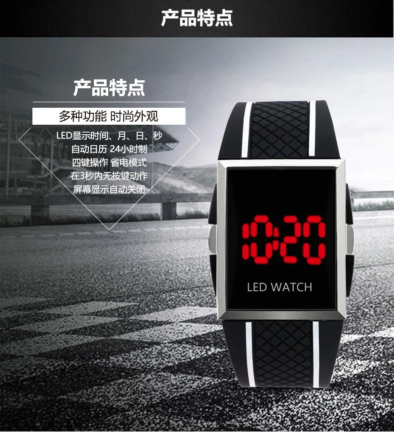 Orologio Uomo LED Digitale Display A Luce Rossa Cinturino In Silicone Moda Casual