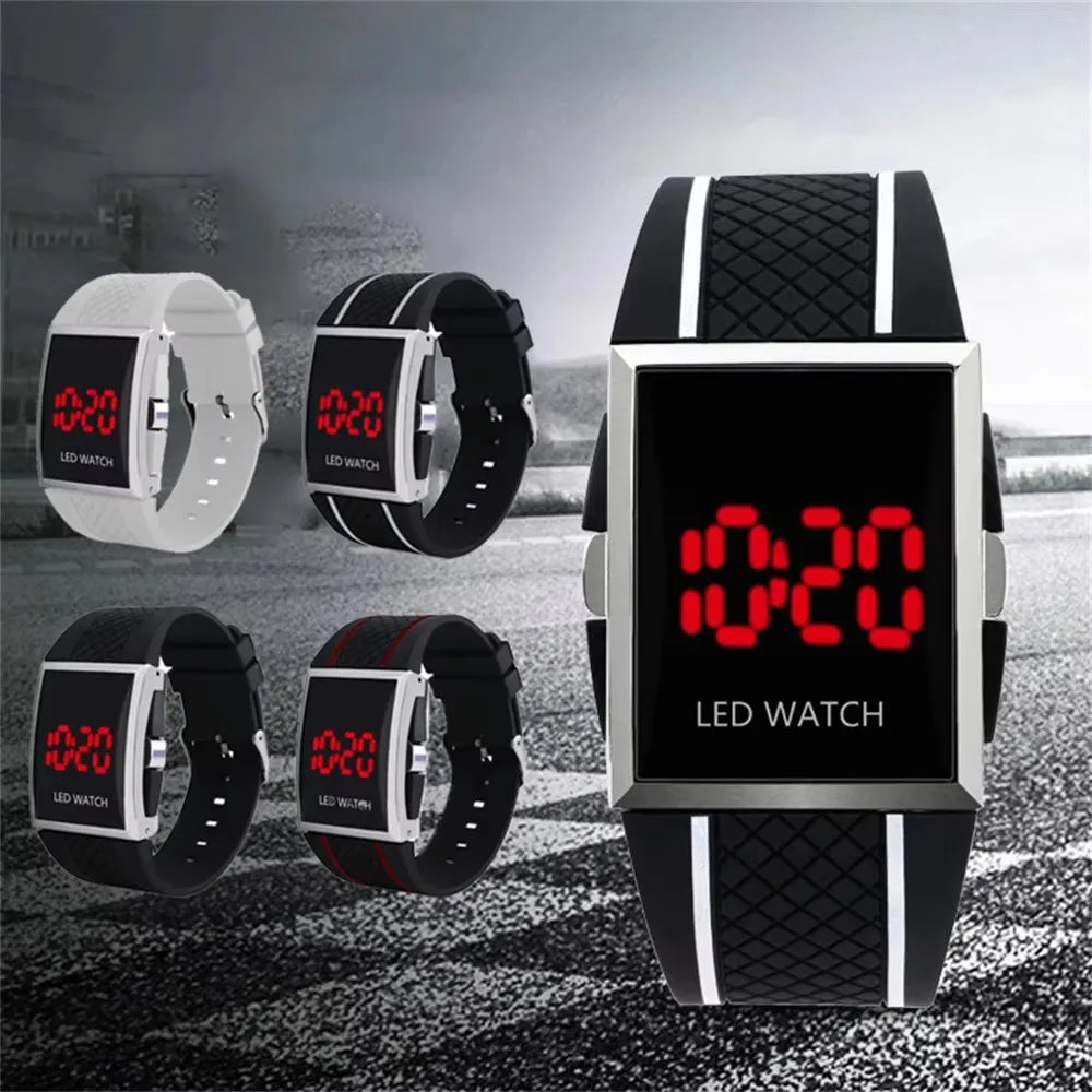 Orologio Uomo LED Digitale Display A Luce Rossa Cinturino In Silicone Moda Casual