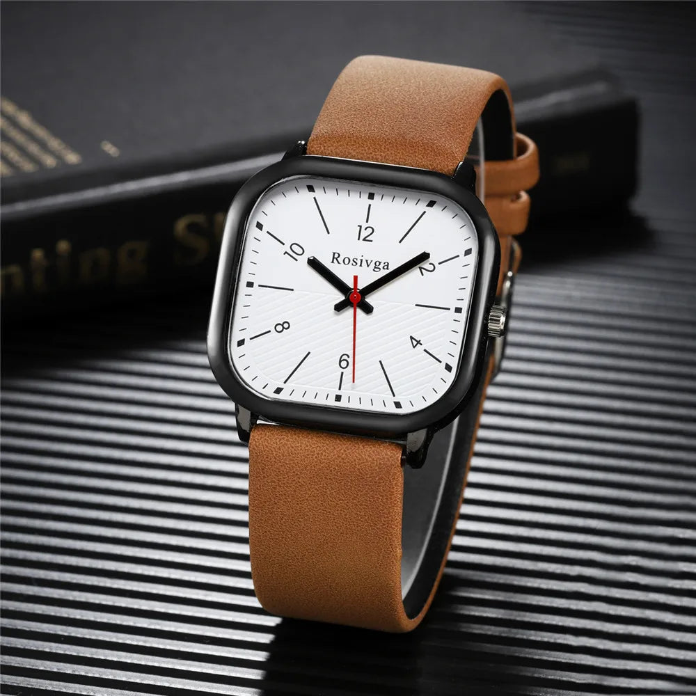 Orologio Uomo Al Quarzo Quadrato Cinturino Similpelle Elegante Quadrante 37 mm