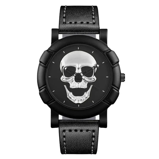 Orologio Uomo Moda al Quarzo con Teschio 3D Cinturino Similpelle Casual