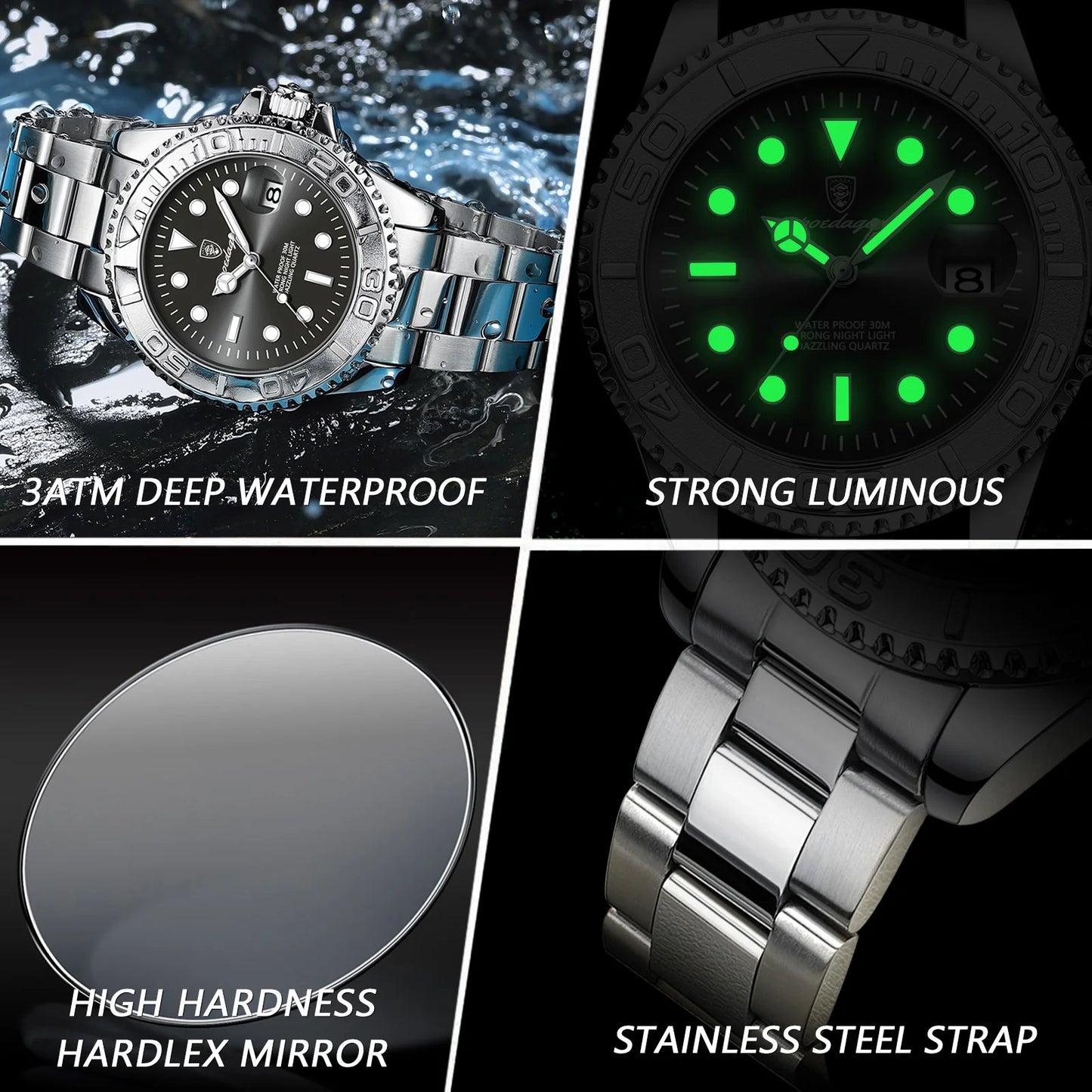 Orologio Uomo Acciaio al Quarzo con Data Lancette Luminose Elegante Casual