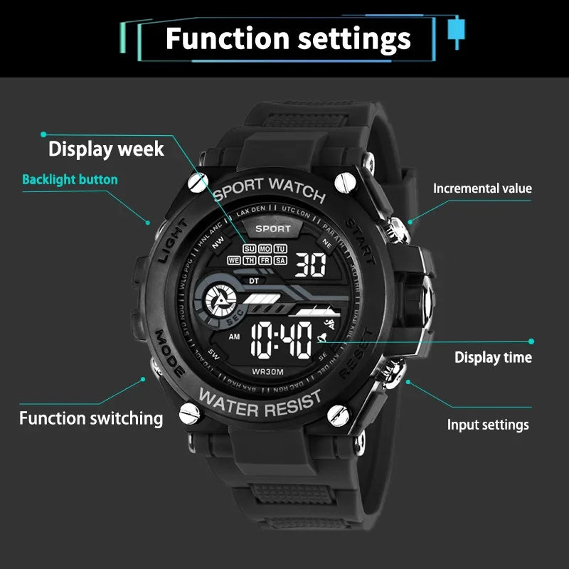 Orologio Sportivo Uomo Digitale LED Multifunzione Cronometro Sveglia
